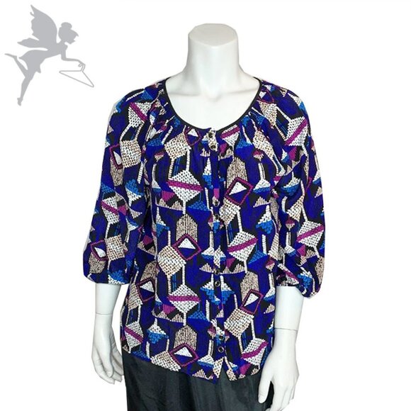 YUMI KIM Silk graphic abstract art print peasant top - Picture 1 of 6